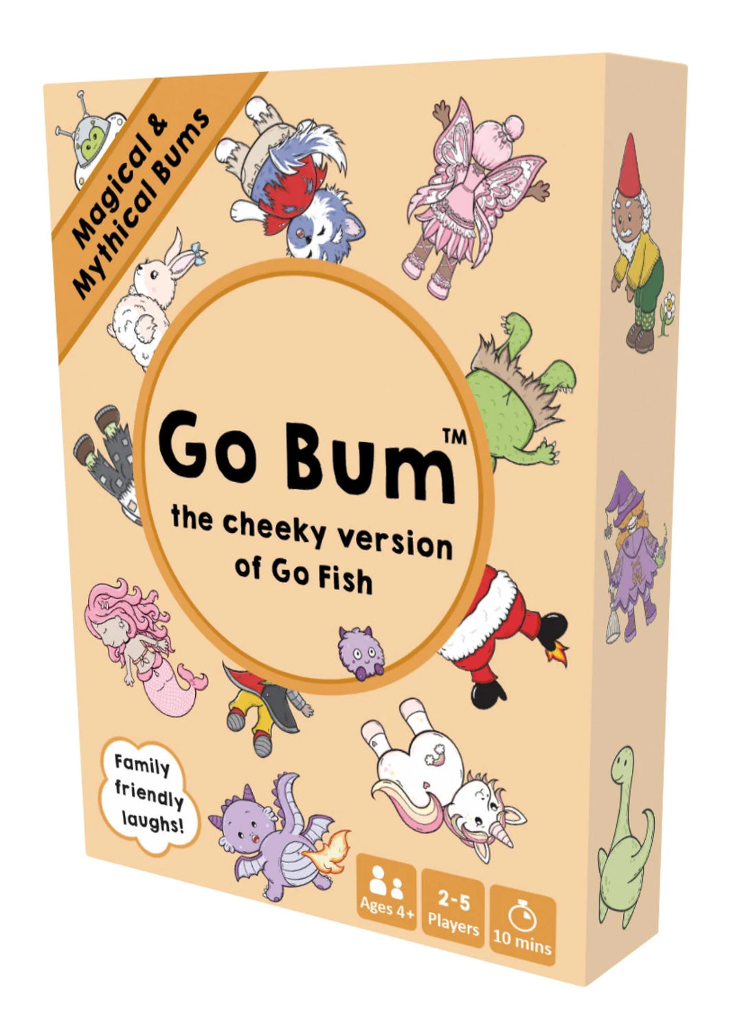 Go Bum: the cheeky version of Go Fish board game box, featuring a light peach background with whimsical cartoon animals in various costumes around the border and a central circular title area.