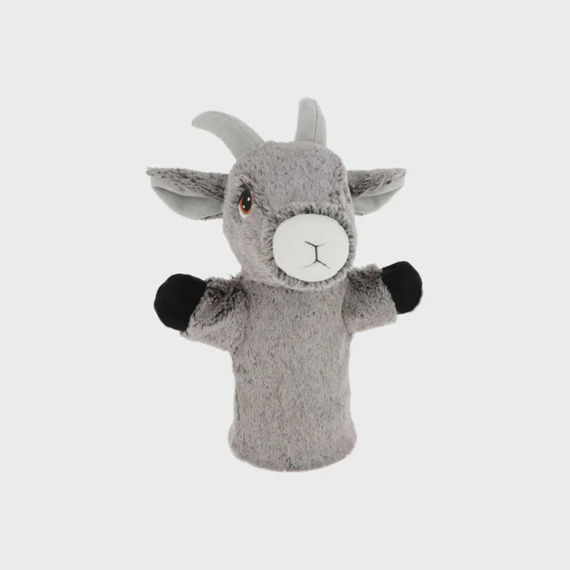 Gray plush goat hand puppet on a white background