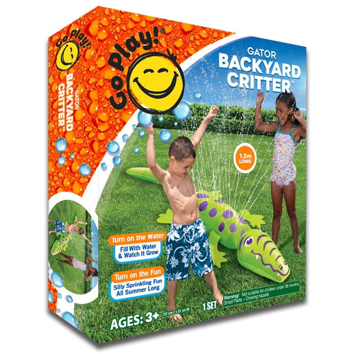 Co-Play Gator Backyard Critter inflatable water toy packaging box, showing a boy and a girl playing with the green alligator-shaped sprinkler on a grassy lawn.