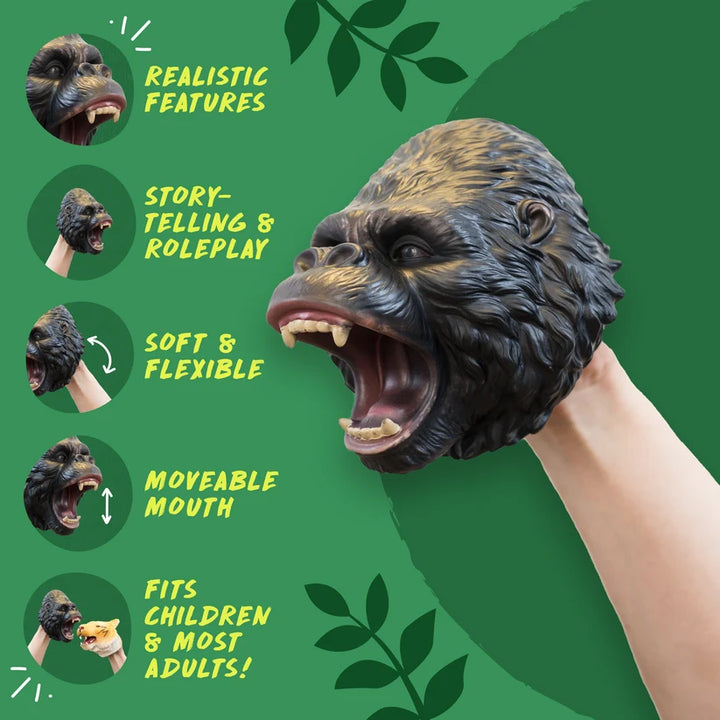 A realistic roaring gorilla head hand puppet being held by a person's hand, with feature callouts on a green background. The text highlights realistic features, storytelling and roleplay, soft and flexible material, movable mouth, and suitability for children and adults.