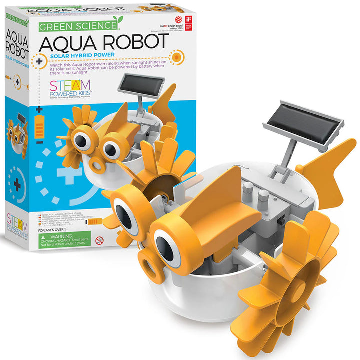 Aqua robot toy with solar hybrid power on a white background