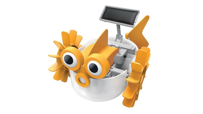 Toy robot with orange and yellow design on a white background