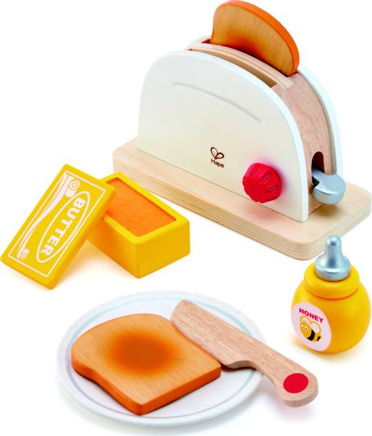 Wooden toy toaster set with bread, butter, and honey on a white background