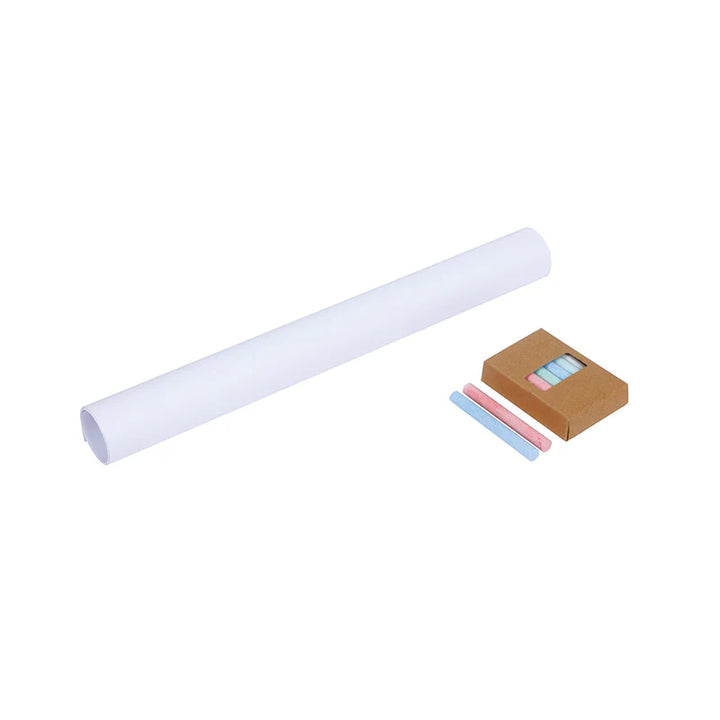 Roll of white paper and small cardboard box with colorful items on a white background