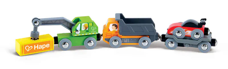 Set of toy construction vehicles including a crane, dump truck, and bulldozer on a white background.