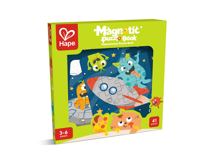 Hape magnetic puzzle book packaging with colorful design on a white background
