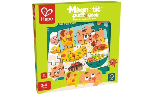 Hape Magnét Puzzle Book 'The Fat Cat' children's puzzle book in its original lime green box packaging, featuring colorful cartoon illustrations of a cat and food items.