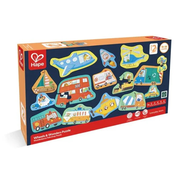 Hape Wheels & Wonders puzzle packaging on a white background