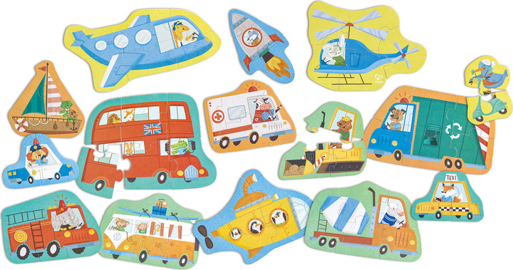 Set of colorful children's vehicle-themed stickers on a white background