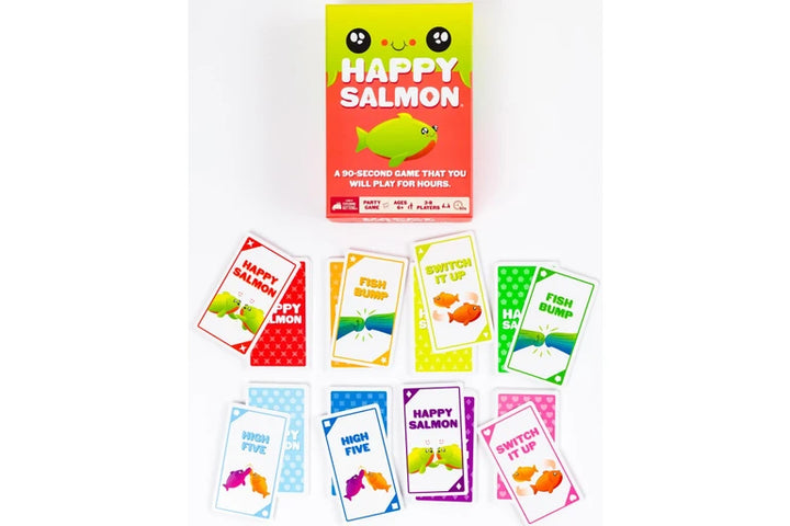 Happy Salmon card game packaging with cards on a white background