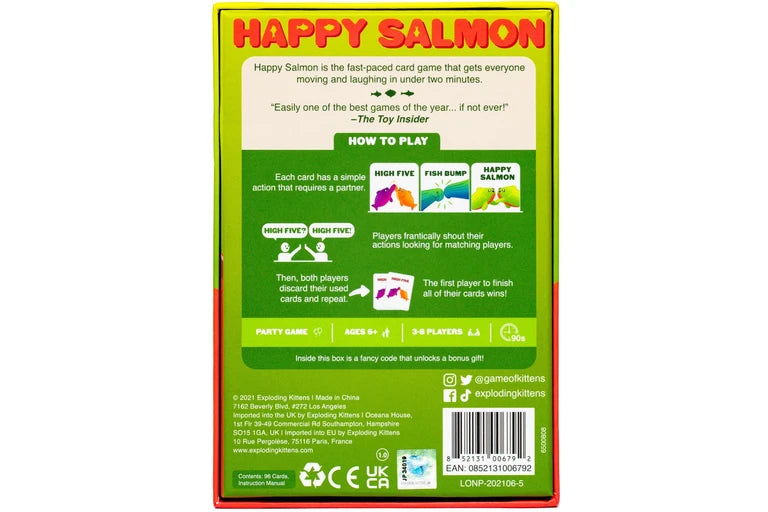 Back of a Happy Salmon card game packaging with text and graphics.
