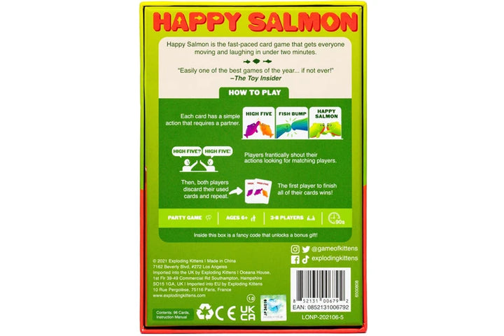 Back of a Happy Salmon card game packaging with text and graphics.