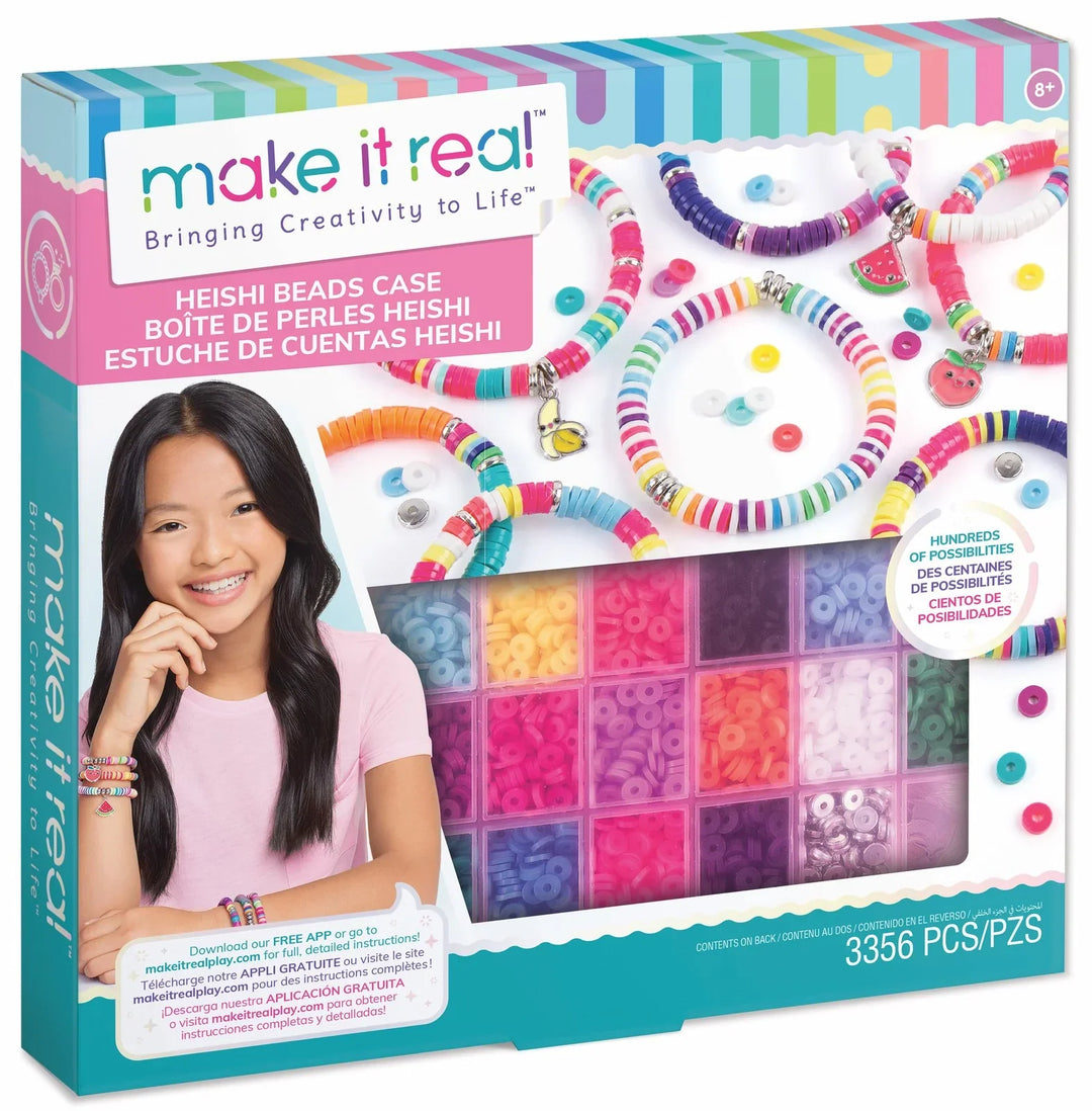 Heishi beads craft kit box by make it real, featuring a colorful striped border, a photo of a smiling girl wearing handmade bracelets, and a window showing the multi-colored plastic bead compartments and attached bracelets.