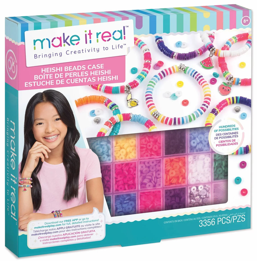 Heishi beads craft kit box by make it real, featuring a colorful striped border, a photo of a smiling girl wearing handmade bracelets, and a window showing the multi-colored plastic bead compartments and attached bracelets.