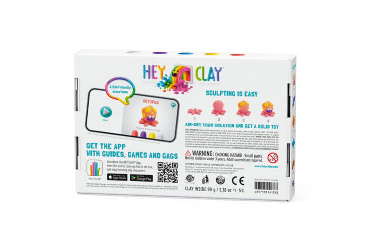 Hey Clay digital app and physical game set packaging box, shown from the back on a plain white background.