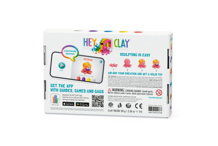 Hey Clay digital app and physical game set packaging box, shown from the back on a plain white background.