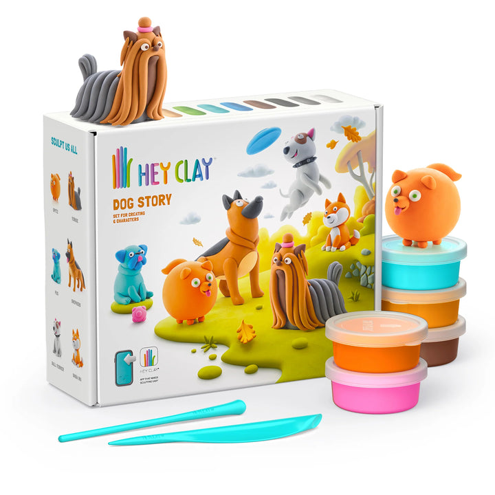 Hey Clay dog-themed playset with figures, packaging, and tools on a white background
