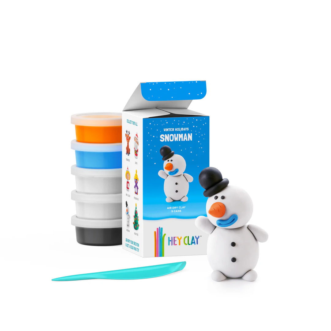 hey clay snowman next to blue hey clay packaging and clay pots and modelling tools