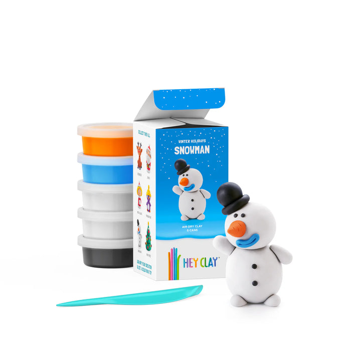 hey clay snowman next to blue hey clay packaging and clay pots and modelling tools