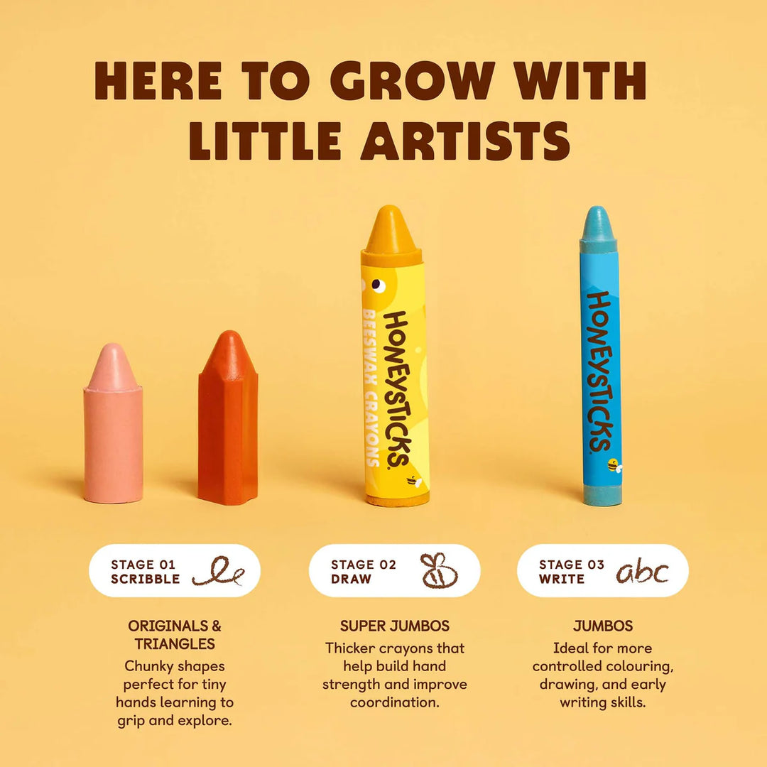 Set of Honeysticks crayons with color stages on a yellow background