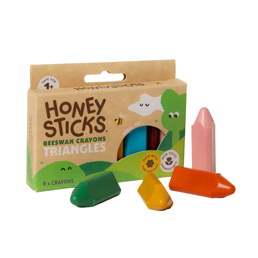 Honey Sticks beeswax crayons packaging with crayons displayed in front