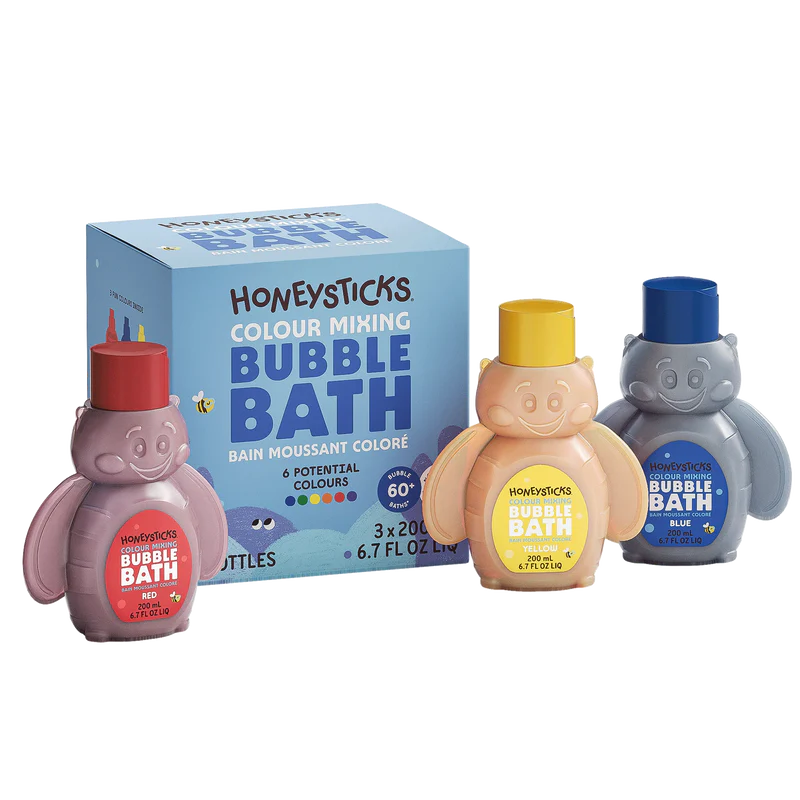 Honeysticks bubble bath bottles with a box on a white background
