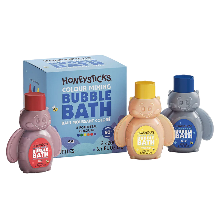 Honeysticks bubble bath bottles with a box on a white background