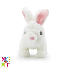 White plush bunny toy with pink ears on a white background, featuring the 'Bugs & Play' brand.