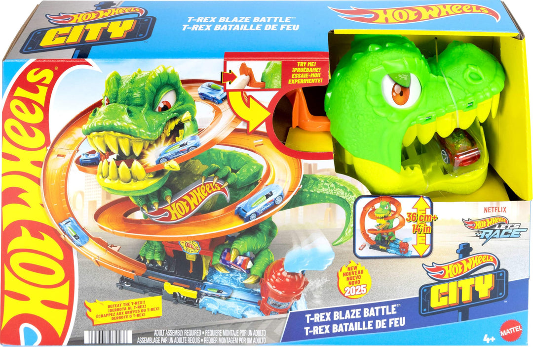 Hot Wheels T-Rex Blaze Battle toy set packaging with dinosaurs and track.