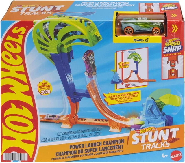 Hot Wheels Stunt Tracks toy set in its original retail packaging, featuring a green and orange race car, a green and purple launch ramp, and an orange track on a blue and red box.