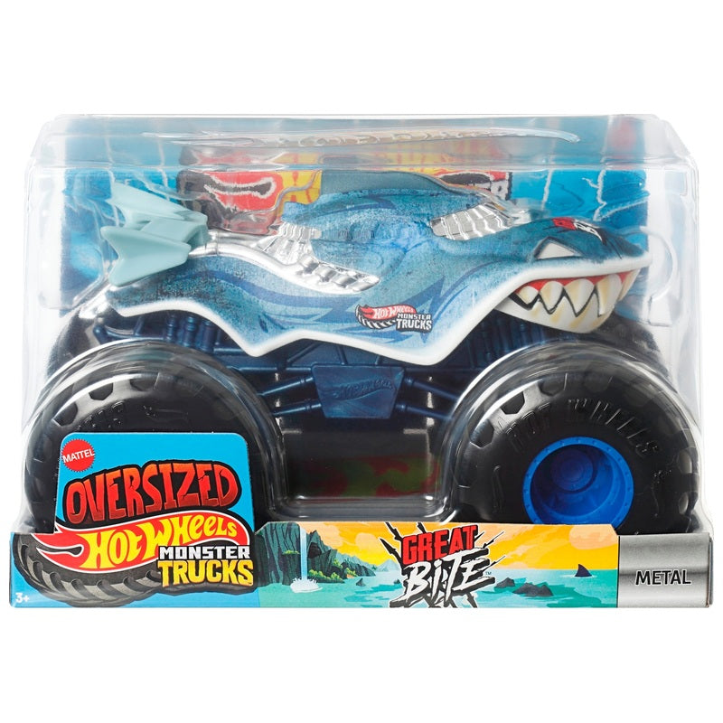 Hot Wheels monster truck in packaging with 'Oversized' and 'Monster Trucks' branding.