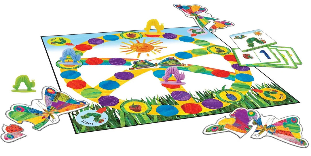 hungry caterpillar board game laid out with cards and hungry caterpillar characters on board
