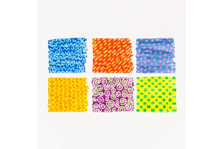 Six colorful scrunchies with different patterns on a white background