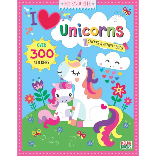 Sticker and activity book cover with unicorns and colorful text on a blue background