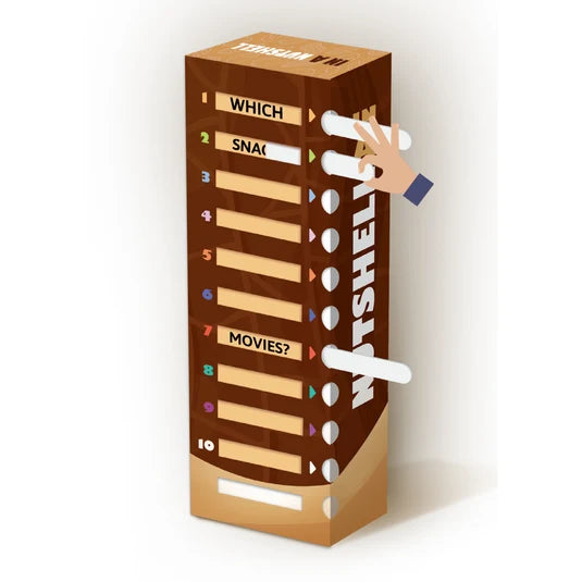 A cardboard 'Which Snail is Most Beautiful' game board, shown on a clean white background. A cartoon hand is shown pushing a white crank to advance the game.