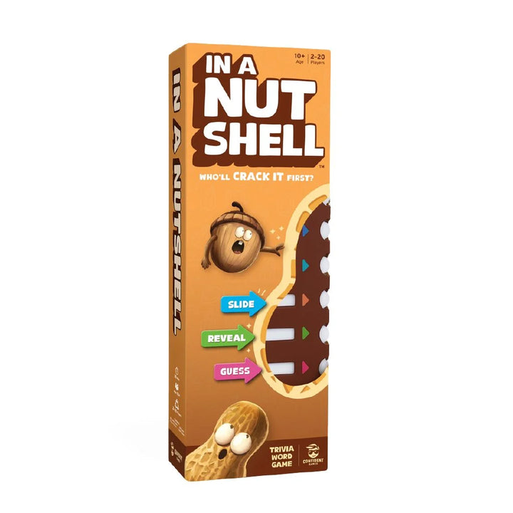 The board game box for 'In a Nut Shell' is shown on a plain white background. The box is primarily orange-brown with white text and illustrations of cartoon peanuts and a nut shell.