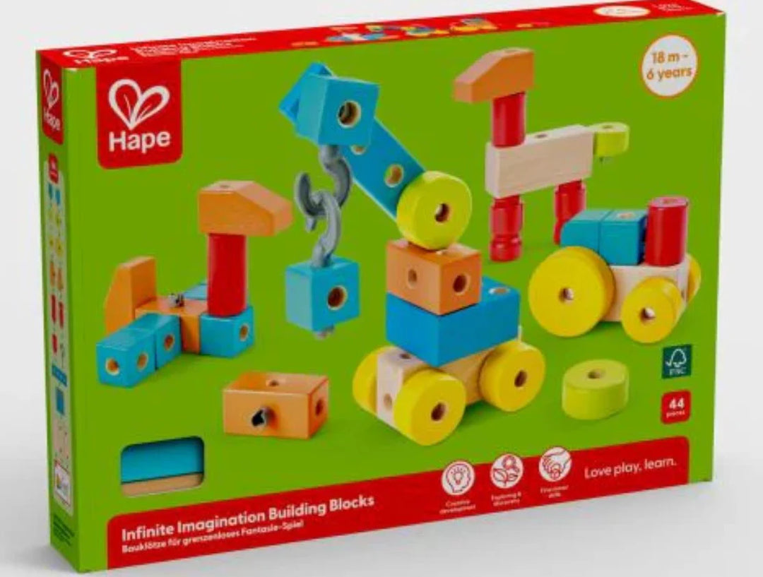 Hape building blocks toy set packaging on a white background