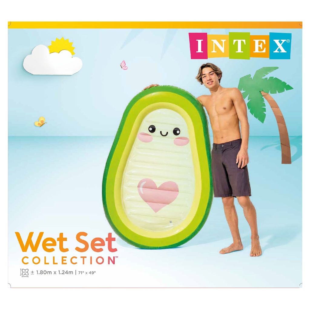 man holding pool float on intex packaging
