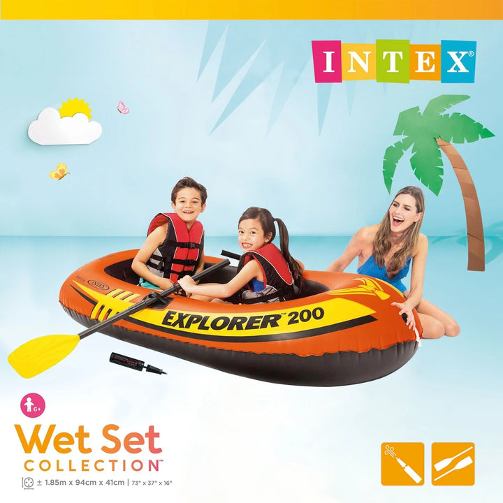 intex explorer 200 packaging with two children in the pool float holding paddles with lady sitting outside on a blue background
