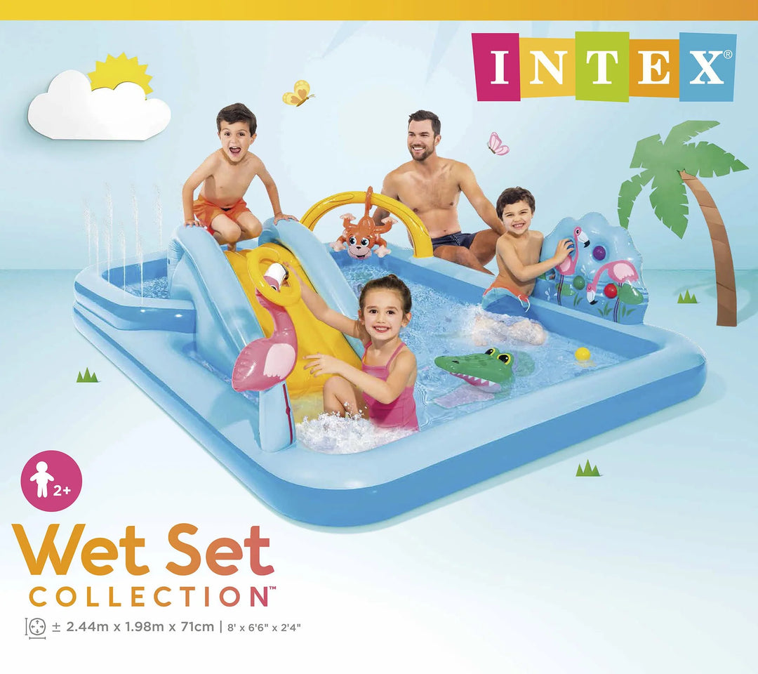 jungle play pool centre with 3 children and adult playing in water with slide and jungle animals 