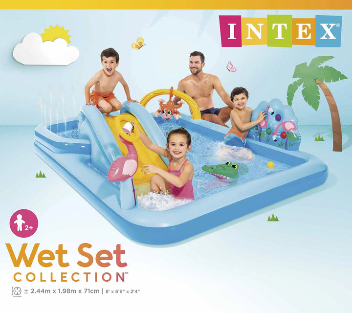 jungle play pool centre with 3 children and adult playing in water with slide and jungle animals 