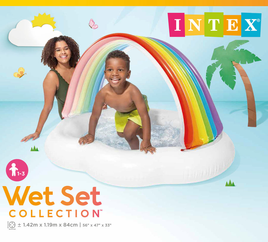 intex rainbow baby pool with kid playing inside whilst filled with water