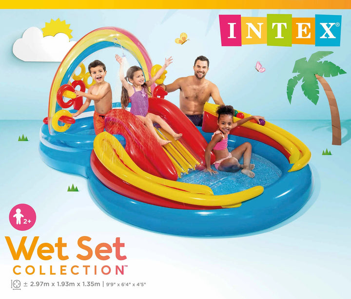 intex rainbow play pool centre with  kids and man playing in the pool 