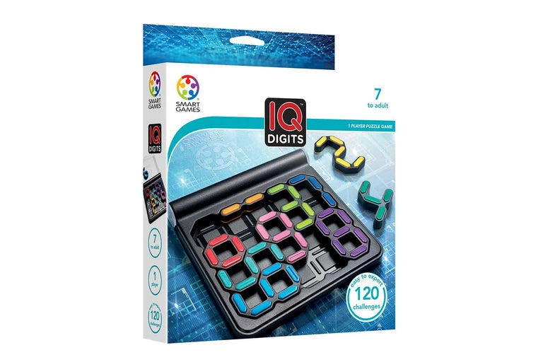 IQ Digits game packaging with colorful digits and Smart Games logo on a blue background