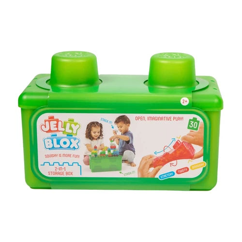 Jelly Blox 2-in-1 storage box in bright green, featuring a front label with product imagery and instructions, on a white background.