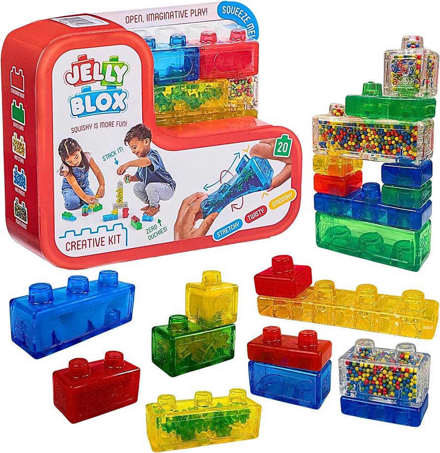Jelly Blox toy set with colorful building blocks and packaging on a white background