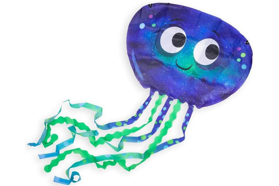 A jellyfish-shaped paper lantern or decoration with a watercolor galaxy design in purple, blue, and green, featuring large cartoon eyes and flowing ribbon tentacles on a white background.
