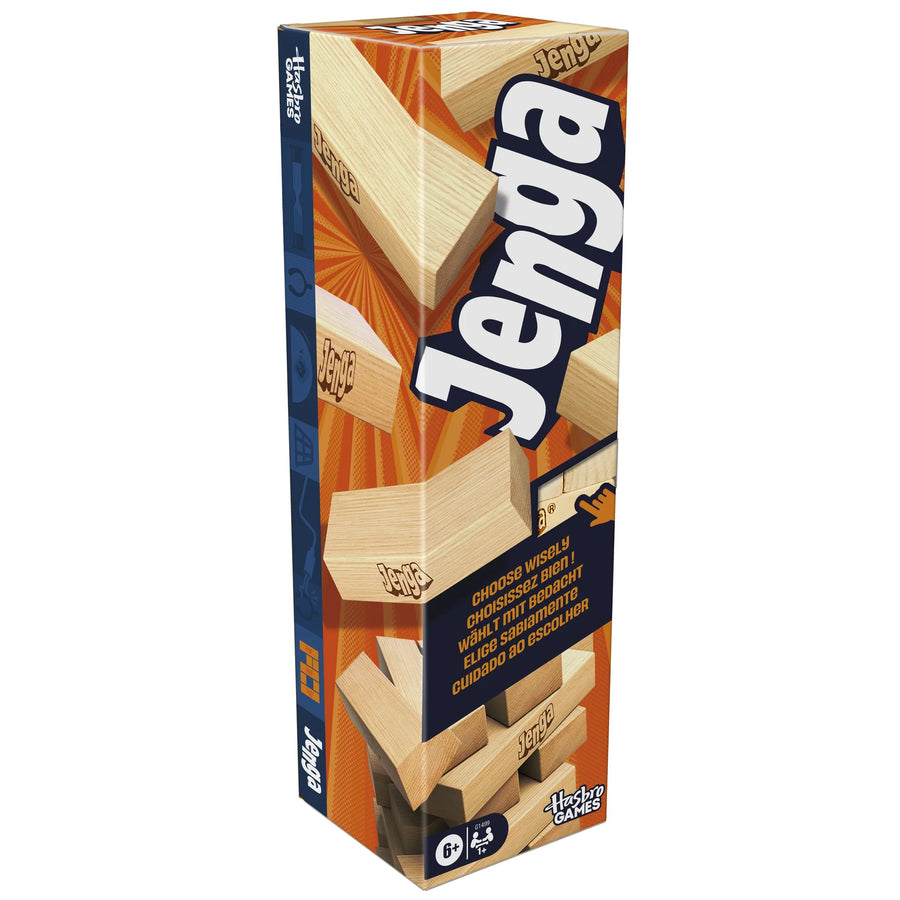 Jenga game box by Huckleberry Games, featuring a tall rectangular package with orange and brown graphics, large white 'Jenga' lettering, and photos of wooden blocks stacked and falling, on a plain white background.
