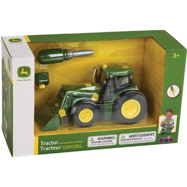 John Deere toy tractor set in packaging with tools on a white background