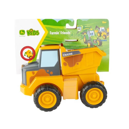 Toy dump truck with John Deere branding on a white background